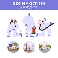 People in protective suits holding sprayers, round icons flat style