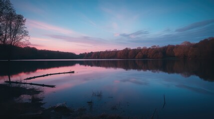 A tranquil sunset over a lake surrounded by trees with pastel hues of pink and blue, 