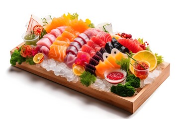 A colorful display of halal sashimi with salmon, tuna, and yellowtail on a bed of ice. Generative AI - obrazy, fototapety, plakaty