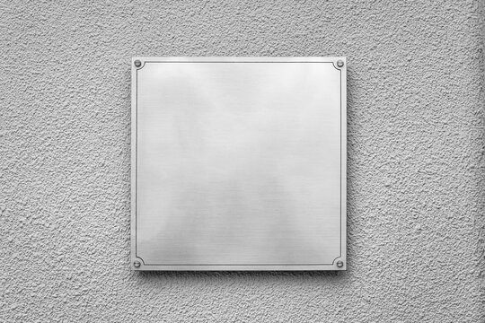 Steel square board with copyspace for text hanging on the wall. Mockup for design.