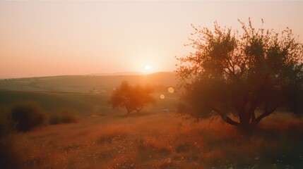 Fototapeta na wymiar A dreamy sunset over a rural landscape with warm oranges and yellows, captured with a vintage lens 