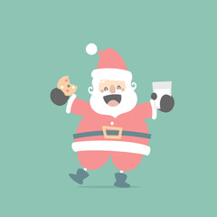 merry christmas and happy new year with cute santa claus and cookies in the winter season green background, flat vector illustration cartoon character costume design