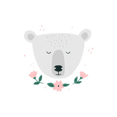 Cute Hand Drawn Polar Bear. Lovely Print with White Bear. Head With Flowers on a White Background. Infantile Style Nursery Art. Vector Illustration for Wall Art, Card.