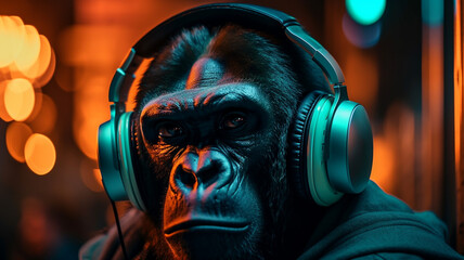Naklejka premium Gorilla mit Kopfhörer in der Stadt im 16:9 Format in orange teal Colour Look. Generative Ai.