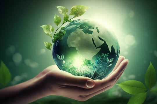 A hand holds a globe with leaves earth day concept