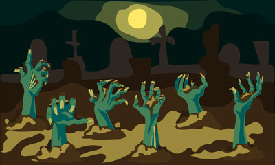 Halloween background with zombie hands coming out of the ground in the cemetery. Hands from the ground against the background of the cemetery and the shining moon. Banner, flyer for the party