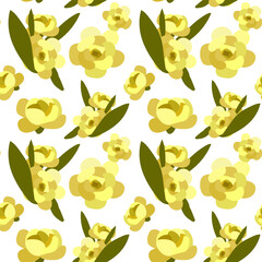 Spring pattern of yellow flowers on stems. Background of vector images of realistic rose petals, flowers, branches, leaves. Printing on textiles and paper. Gift wrapping for Mother's Day, birthday.
