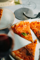 Traditional Italian pizza, vegetables, ingredients on a light background.Pizza menu. View from above. Place for text.