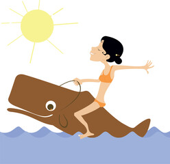 Young woman rides on the whale. 
Summer. Sunny day. Young woman riding on the cute whale.
