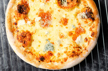 Four Cheese Pizza on Dark Background, Freshly Baked Pizza