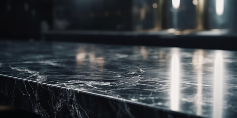 Black Marble Table Counter Top, Podium Pedestal, Abstract Living Room Space Background in Interior. Product Mock up Display, Back Drop. Generative AI.
