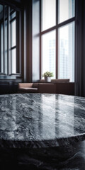 Black Marble Table Counter Top, Podium Pedestal, Abstract Living Room Space Background in Interior. Product Mock up Display, Back Drop. Generative AI.