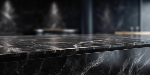 Black Marble Table Counter Top, Podium Pedestal, Abstract Living Room Space Background in Interior. Product Mock up Display, Back Drop. Generative AI.