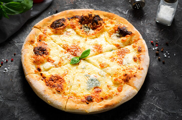 Four Cheese Pizza on Dark Background, Freshly Baked Pizza