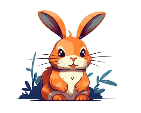 Cute cartoon rabbit sitting in the grass. Vector illustration isolated on white background.