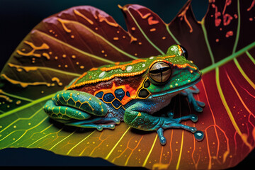 Beautifully colored tropical frog in the jungle on a leaf. Exotic rainforest cute little toad. Forest fauna. Ai generated