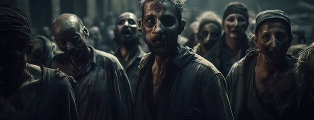 crowd of undead zombies in post-apocalyptic city at night. Generative AI illustration