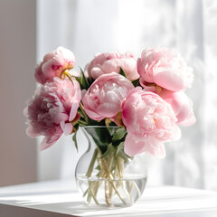 Fototapeta premium Close up of flowers peonies in pink color. Beautiful freshly cut bouquet in a glass vase by the window, generative AI