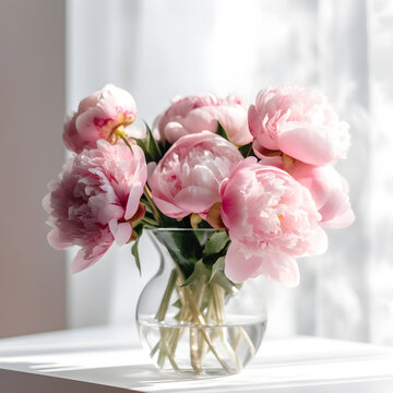 Close up of flowers peonies in pink color. Beautiful freshly cut bouquet in a glass vase by the window, generative AI