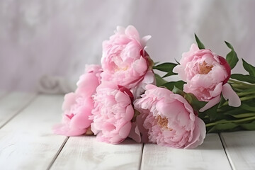 Close up of flowers peonies in pink color. Beautiful freshly cut bouquet lies on the light table, generative AI