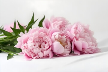 Naklejka na ściany i meble Close up of flowers peonies in pink color. Beautiful freshly cut bouquet lies on the light table, generative AI