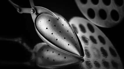 Abstract composition. Kitchen tool. Macro texture of an old metal kitchen tool. Shallow depth of field. Play of shadows
