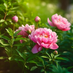 Fototapeta premium Close up of flowers peonies in pink color. Beautiful peony bush in the garden, generative AI
