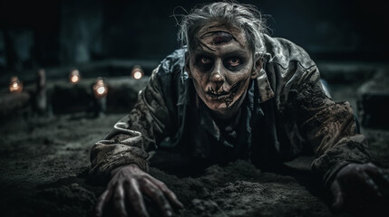 Fototapeta premium zombie rising from the grave in cemetery at night. Generative AI illustration