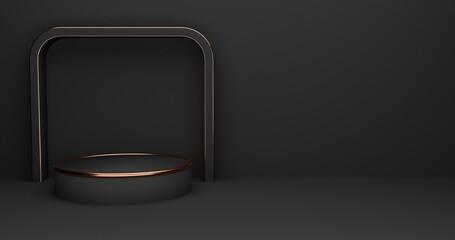 Abstract 3D room with realistic black cylinder pedestal podium set on same color background. Minimal scene for product display presentation. 3D Render