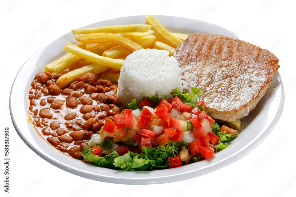 Sticker rice, beans, grilled pork, salad and french fries