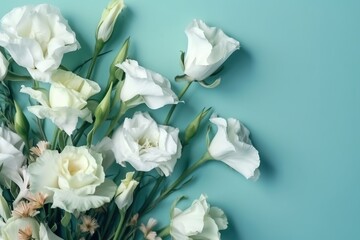  a bouquet of white flowers on a blue background with a place for a text or a picture to put on a card or postcard.  generative ai