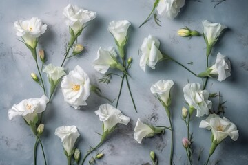  a bunch of white flowers laying on a counter top with green stems and buds on the side of the flowers and the petals on the top of the stems.  generative ai