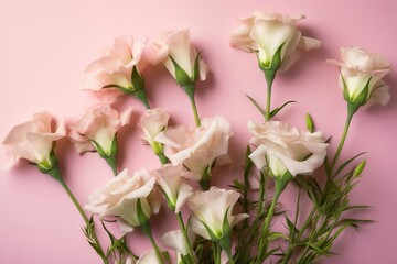  a bunch of pink flowers on a pink background with green stems and leaves on the stems, with a pink background with a pink background. generative ai