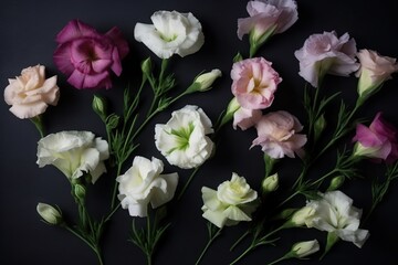  a bunch of flowers that are sitting on a black surface with one flower in the middle of the picture and one flower in the middle of the picture.  generative ai