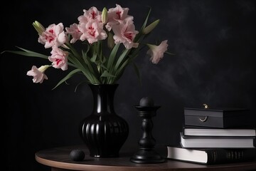  a black vase with pink flowers and a stack of books sitting on a table next to a candle holder and a stack of books on a table.  generative ai