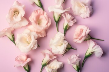  a bunch of pink and white flowers on a pink background with green stems and leaves on the stems and the petals on the stems, and on the stems.  generative ai