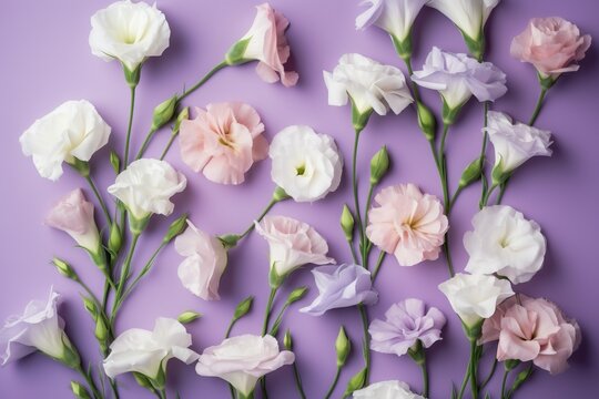  a bunch of white and pink flowers on a purple background with green stems and stems in the center of the picture, with a few pink and white flowers in the middle.  generative ai