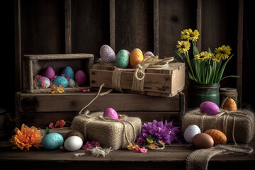 Fototapeta na wymiar Rustic Easter display featuring a vintage wooden crate filled with hay and colorful Easter eggs, surrounded by spring flowers and a burlap ribbon. Country-Style Easter Crate and Spring Blooms