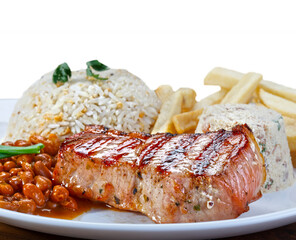Grilled pork with rice, beans, farofa and french fries