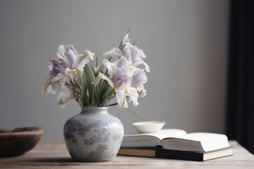  a white vase with flowers in it sitting on a table next to a book and a bowl of fruit on a table next to a window.  generative ai