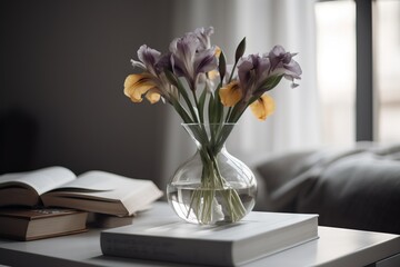  a vase of flowers sitting on a table next to an open book and a book on a coffee table with a window behind it and a couch in the background.  generative ai