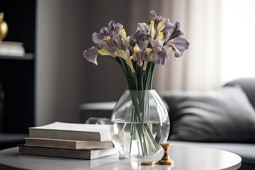  a glass vase filled with purple and yellow flowers on a table next to a book and a candle on a coffee table in a living room.  generative ai