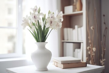  a white vase filled with white flowers on top of a white table next to a book shelf and a window with a bookcase in the background.  generative ai