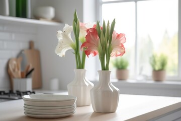  three white vases with pink and white flowers in them on a kitchen countertop with plates and utensils in front of a window.  generative ai