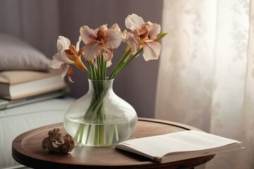  a glass vase with some flowers in it on a table with a book and a pen on it next to a bed with a pillow.  generative ai