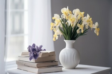  a white vase filled with yellow and purple flowers next to a stack of books on a table next to a window with white curtains and a white curtain.  generative ai