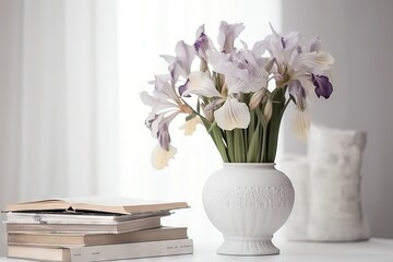  a white vase filled with purple and white flowers next to a stack of books on a white table next to a white pillow and a window.  generative ai