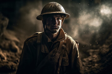 Fototapeta premium soldier in a helmet at war on battlefield. Generative AI