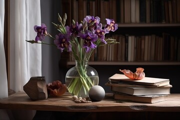  a vase of purple flowers sitting on a table next to a stack of books and an egg on top of a wooden table next to a bookcase.  generative ai