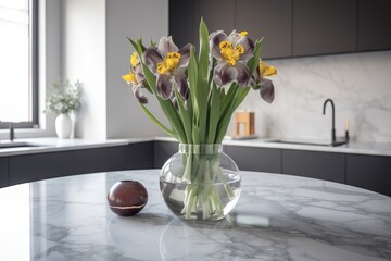  a vase of flowers sitting on a marble table in a kitchen with an egg on the side of the table and a vase of flowers in the middle of the table.  generative ai